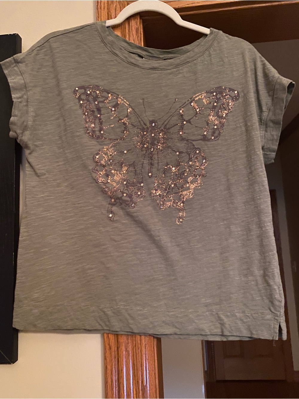 Women’s Olive Butterfly Graphic Tee with Sparkle